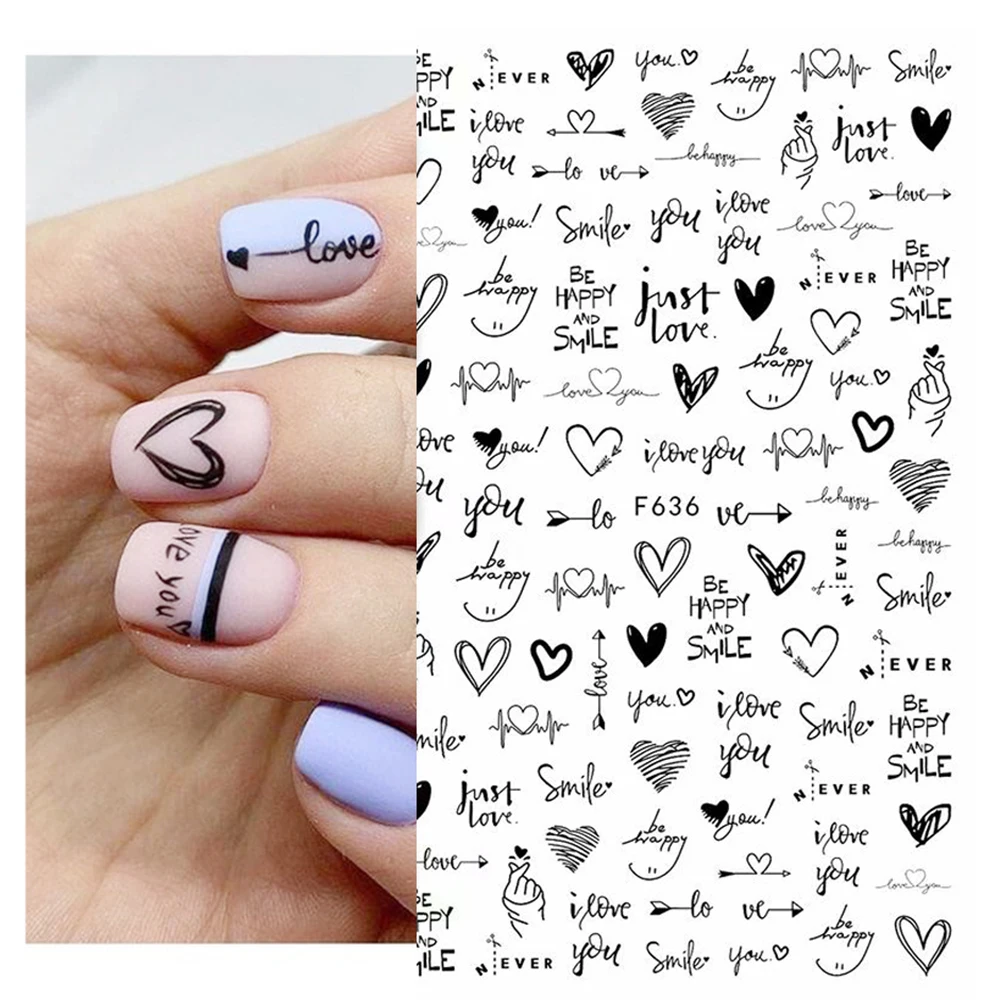 1pcs 3D Nail Sticker Black Heart Love Self-Adhesive Slider Letters Nail Art Decorations Stars Decals Manicure Accessories GLF740