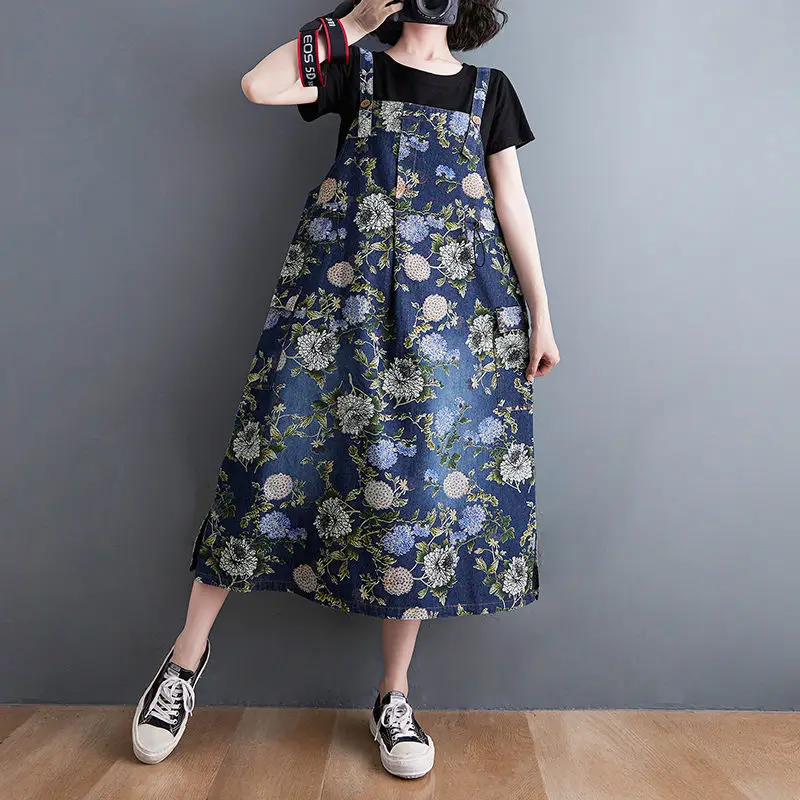 Denim Print Suspender Dress Female Summer 2021 New Retro Large Size Split Dress Trendy Vintage Flower Jeans Sundress Women zh721