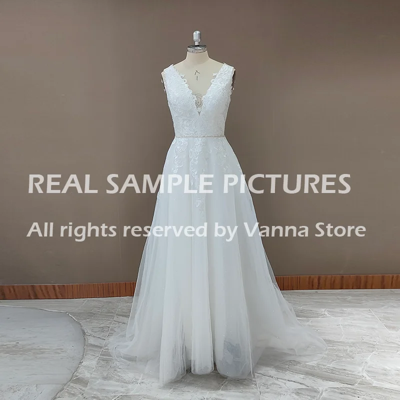 V-Neck Lace Beach Maxi Bohemian Wedding Dress A Line Tulle Short Train Elegant 2021 Party Backless Princess White Bridal Gowns