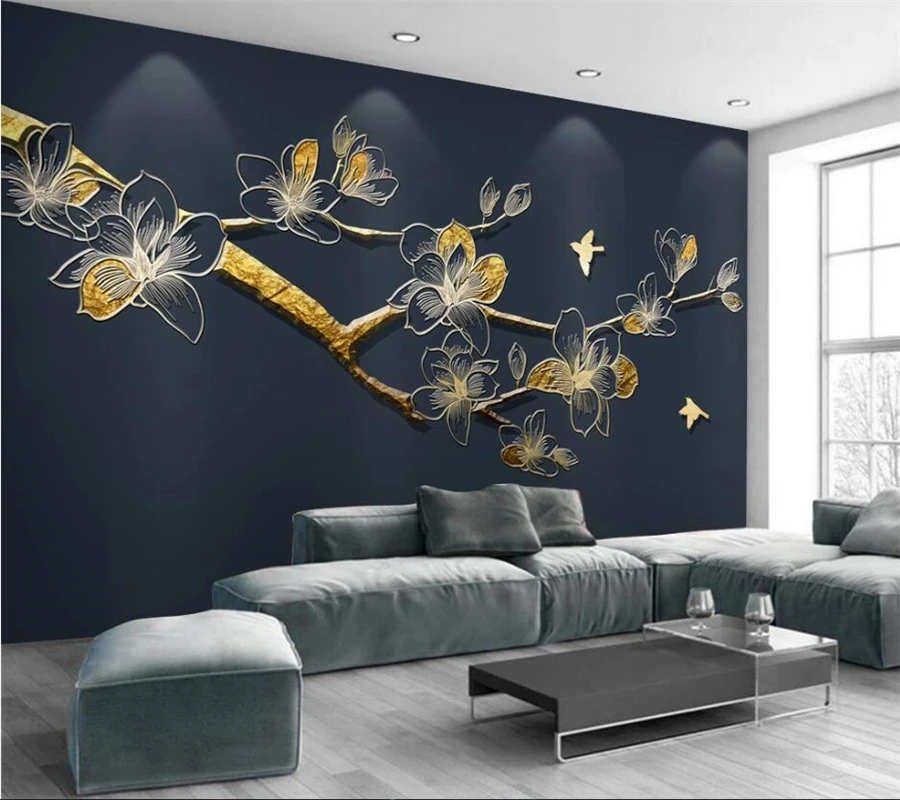 

wellyu Customized large murals with new Chinese modern minimalist golden embossed lines magnolia branches TV background wall