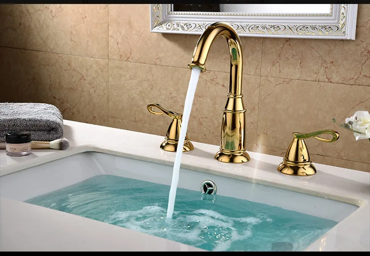 

Luxury Gold brass bathroom sink faucet three holes two handles cold hot basin tap European style top quality golden faucet