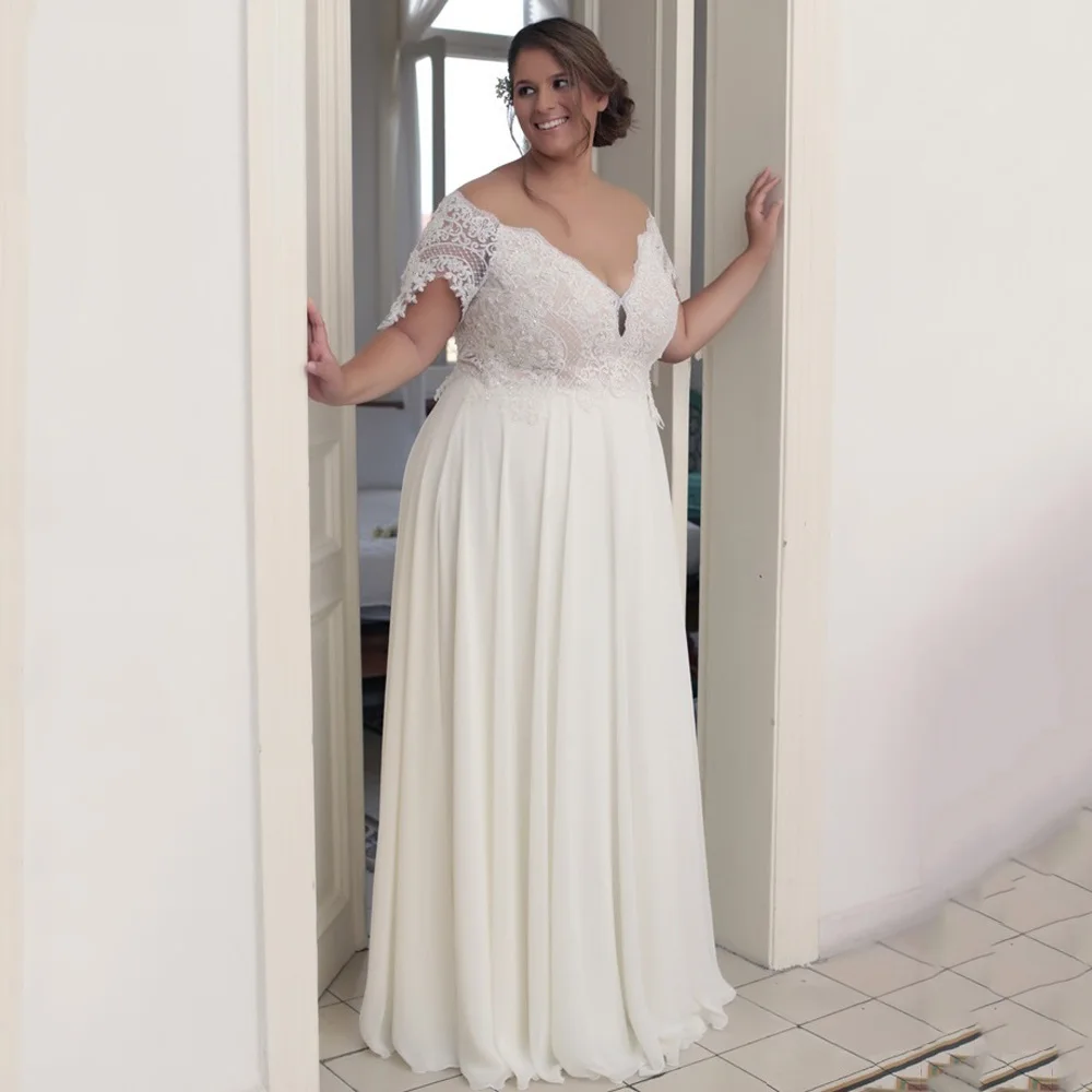 

Plus Size Wedding Dress for Bride 2022 Sheer Tulle Scoop Neck Lace Beading A Line Chiffon Women's Bridal Gowns