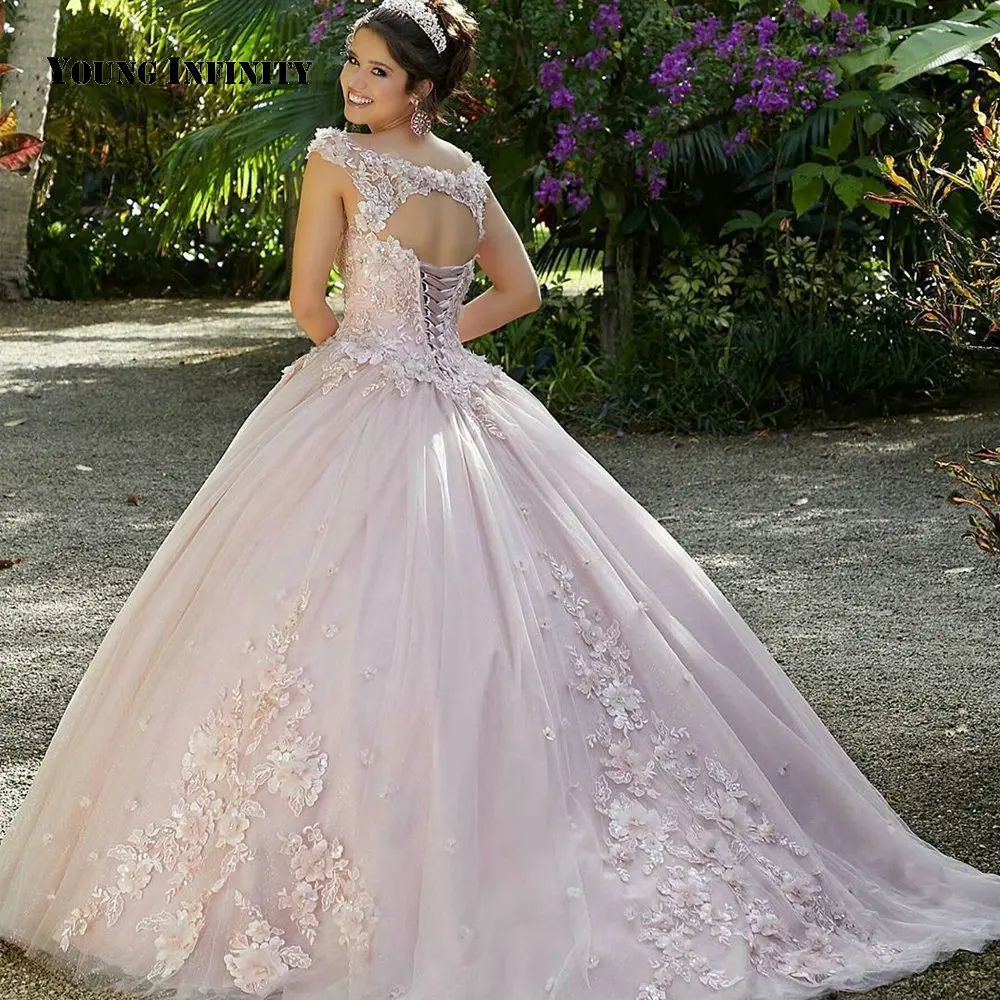 Nova chegada rosa andar de comprimento quinceanera vestido tule v pescoço boné mangas miçangas apliques varredura trem vestido de baile 2021 vestido de festa