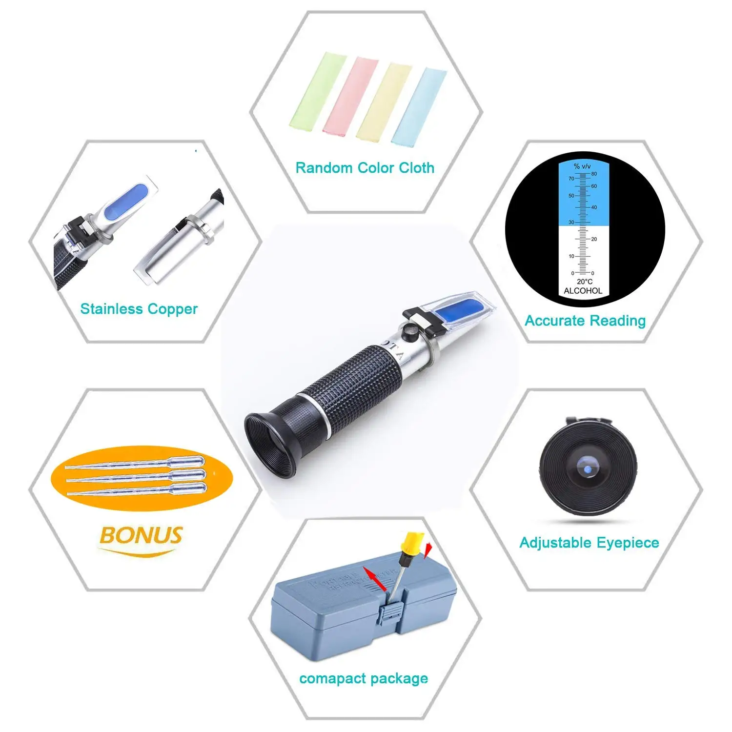 Alcohol Refractometer for Spirit Alcohol Volume Percent Measurement with Automatic Temperature Compensation (ATC), Range 0-80% v