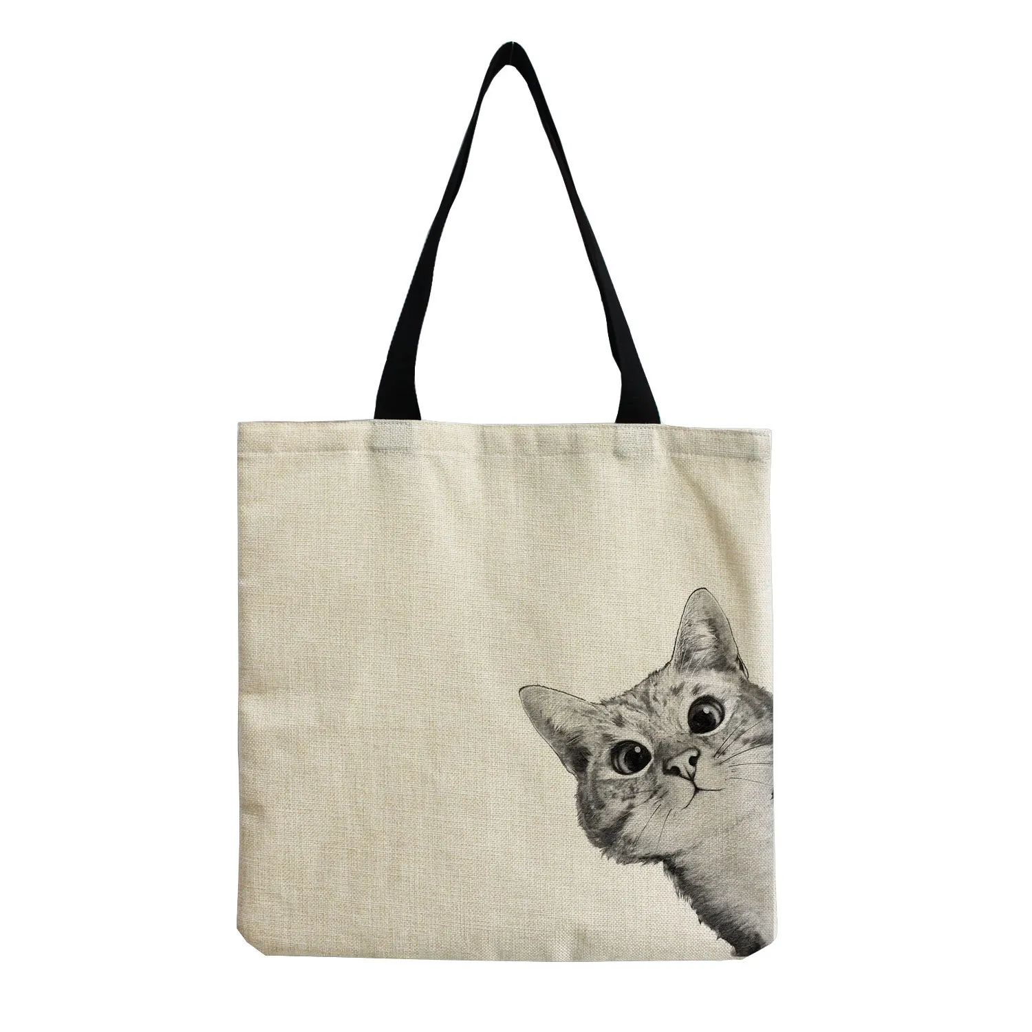 Cute Cat Printed Fashion Tote Shopping Bag For Female Girl Linen Fabric Reusable Outdoor Beach Shoulder Bag Casual Big Handbag