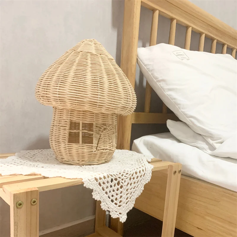 Vintage Handmade Rattan Weaven Mushroom House Kids Room Decoration Nordic Children Bedroom Kindergarte Light Ornament Basket