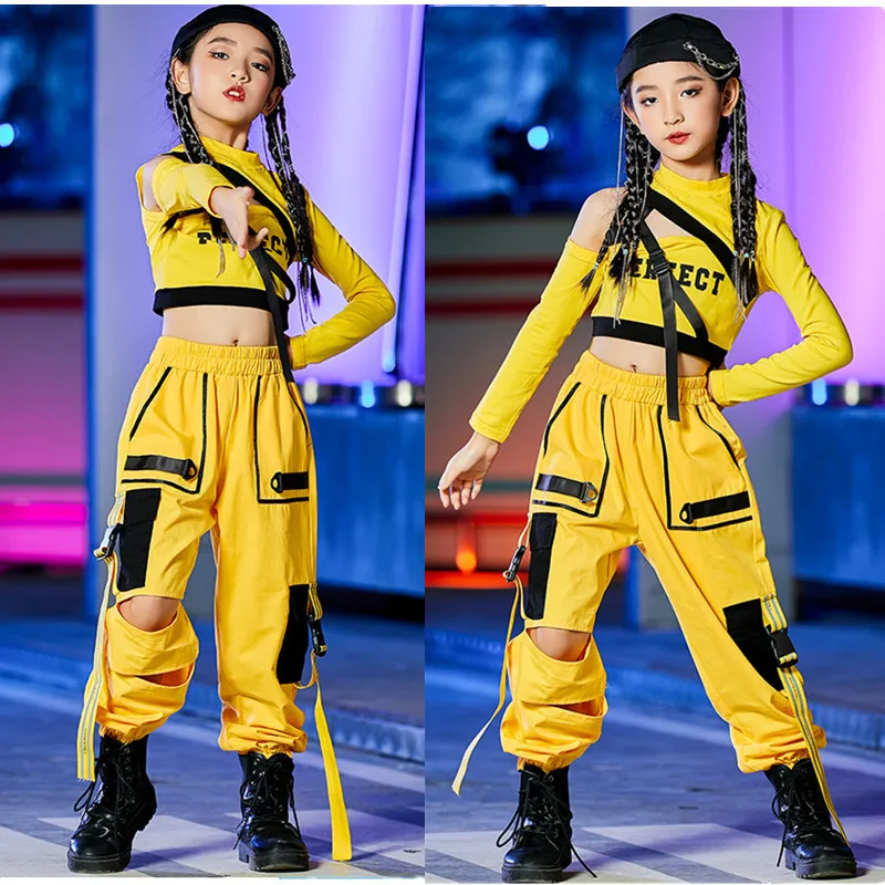 Girls Hip Hop Dance Costumes Children Yellow Outfits Jazz Street Dance Wear Ballroom Hiphop Rave Clothes Stage dance Costumes