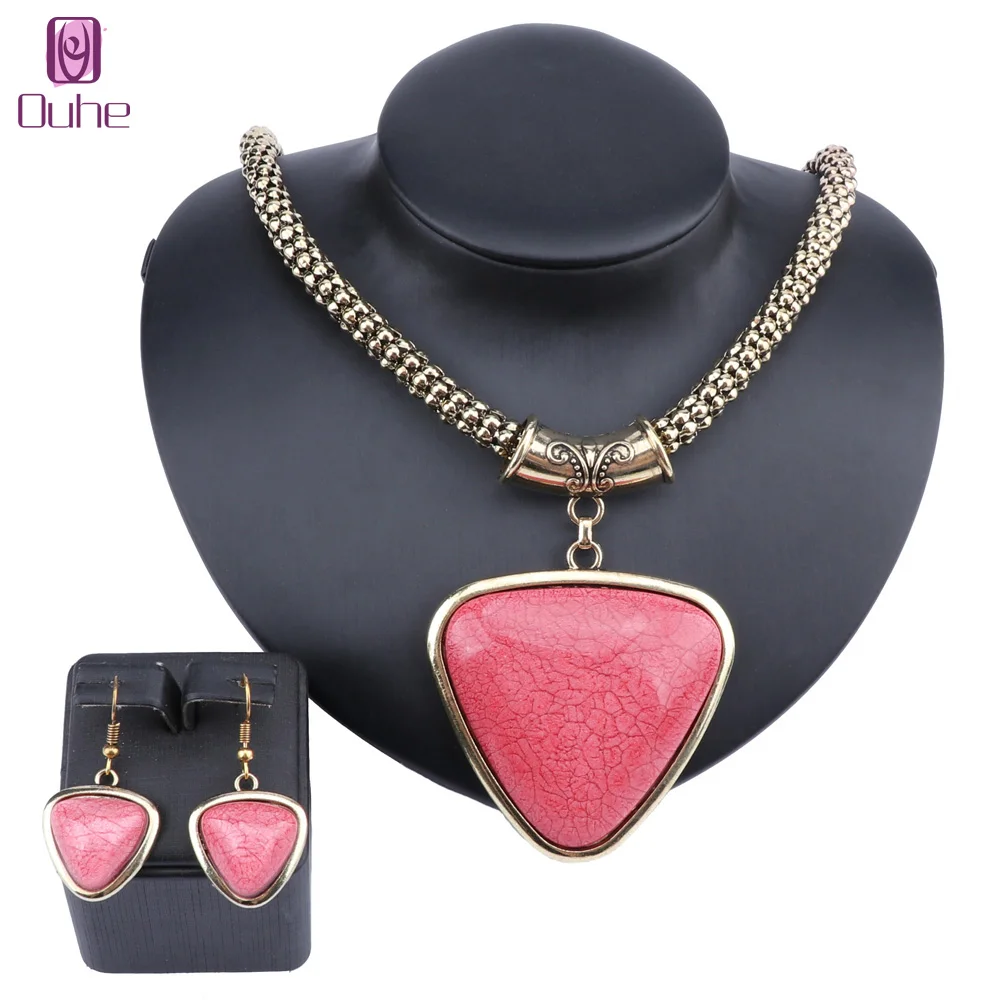 

Vintage Luxury Palace Statement Heart Gem Necklaces Pendants Earring Wedding Gift Party Jewelry Set 10 Colors