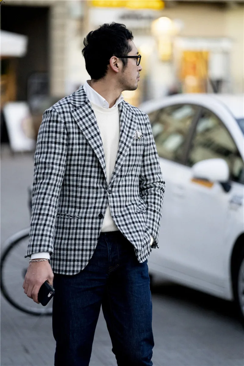 Men's Suit Jacket Black And White Grid Smart Casual Style Singal-Breasted V-Sleeve Top Fashion Handsome Overcoat