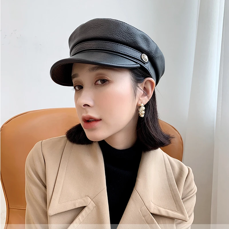 Women Soft Genuine Leather Cap Military Newsboy Autumn Winter British Style Adjustable Warm Gift Beret Retro Novidades