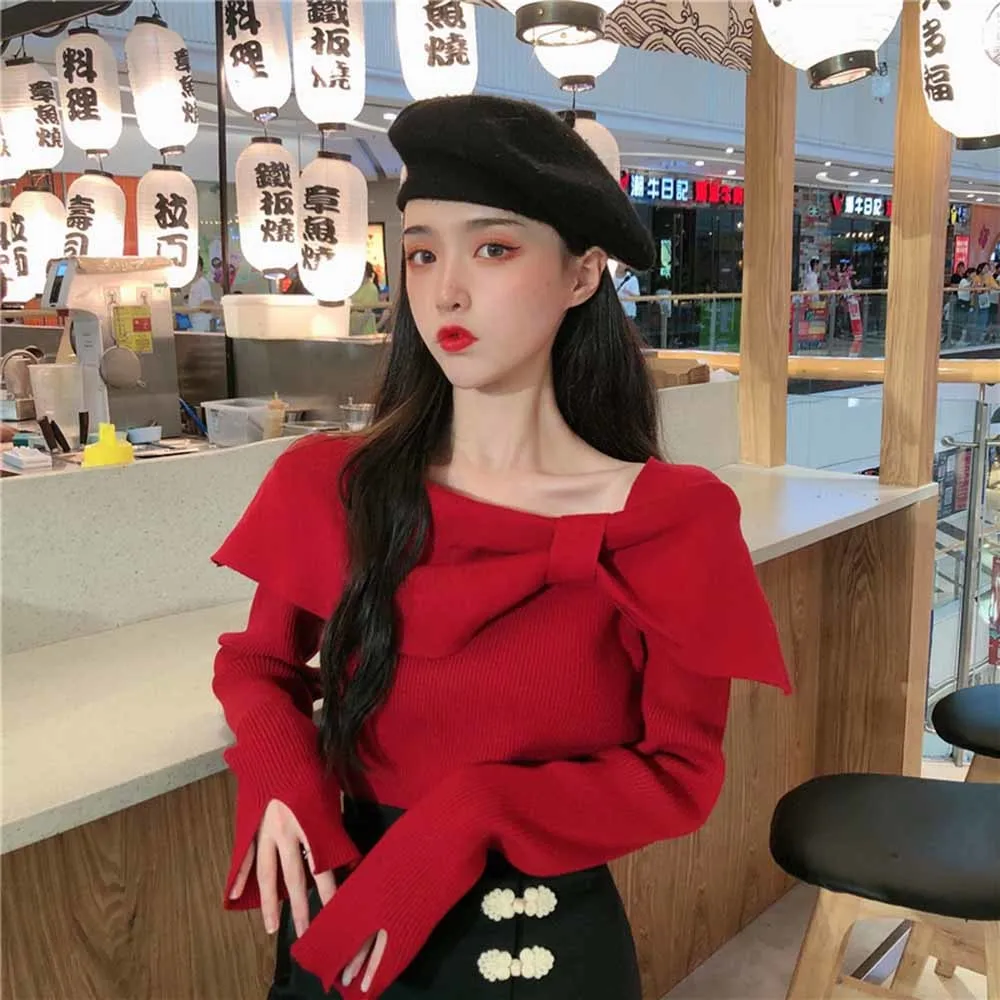 Korean Bowknot Slash Neck Women Slim Knitwear Solid Long Sleeve Knitted Tops 2021 Spring Femme Pull Jumpers