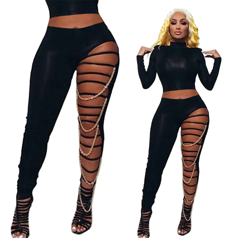 Chain Patchwork Pants Leggings 2021 Sexy Women Hollow Out Trousers Black High Waist Bodycon Slim Clubwear Streetwear