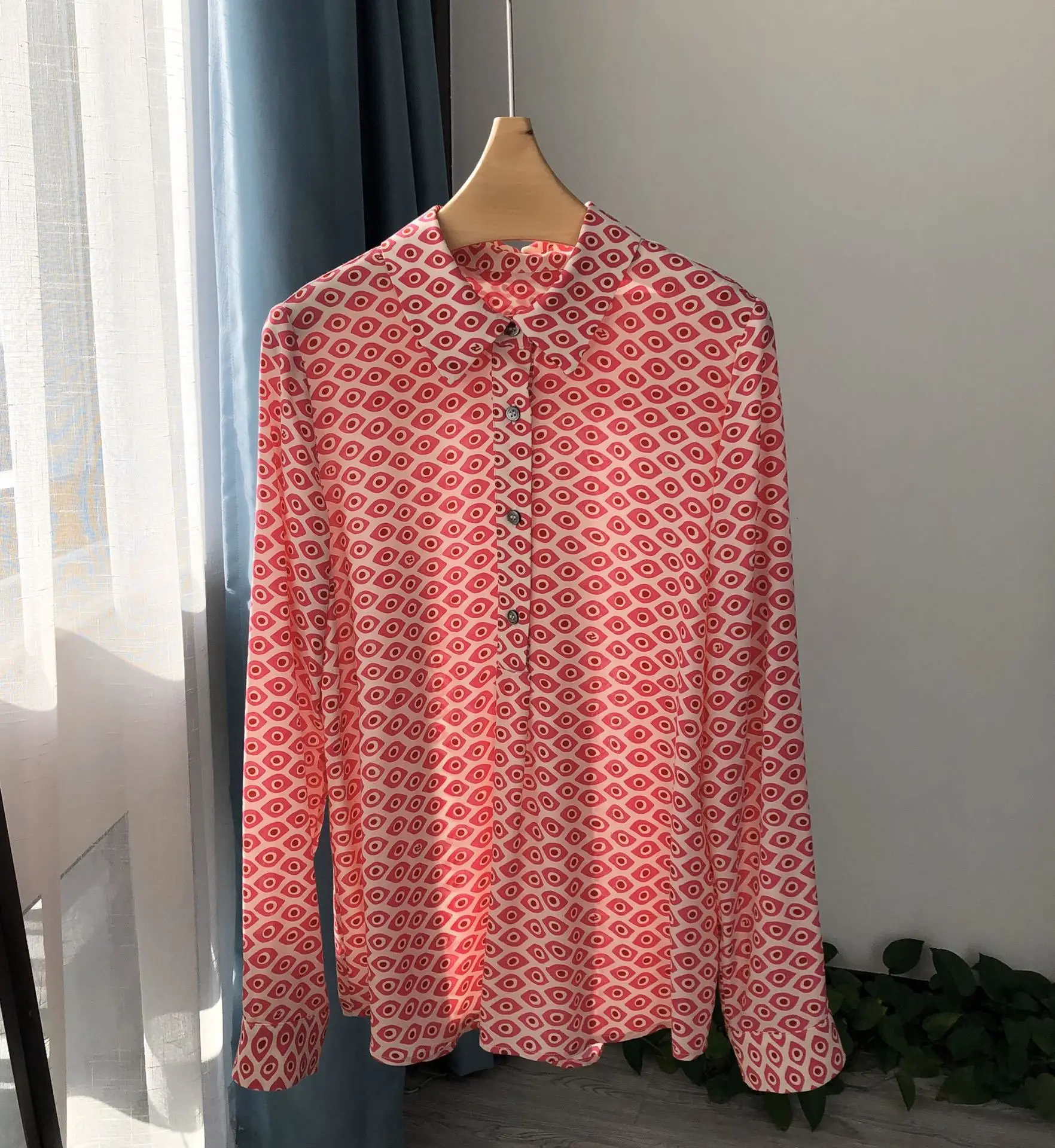 Fashion Print Women's 100% Viscose Pink Shirt Long Sleeve Turn-Down Collar Single Breasted Blouse and Top