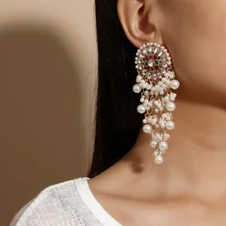 Unique Exaggerated Women Exotic Style Ethnic Bridal Bride Kundan Earrings Pearls Indian Bahubali Drop Earrings Fashion Jewelry