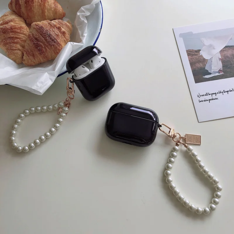 Capa tpu macia para fones de ouvido, caixa fofa para fones de ouvido intraoculares bluetooth 2/1 para airpods pro 3 com pulseira de pérola e chaveiro