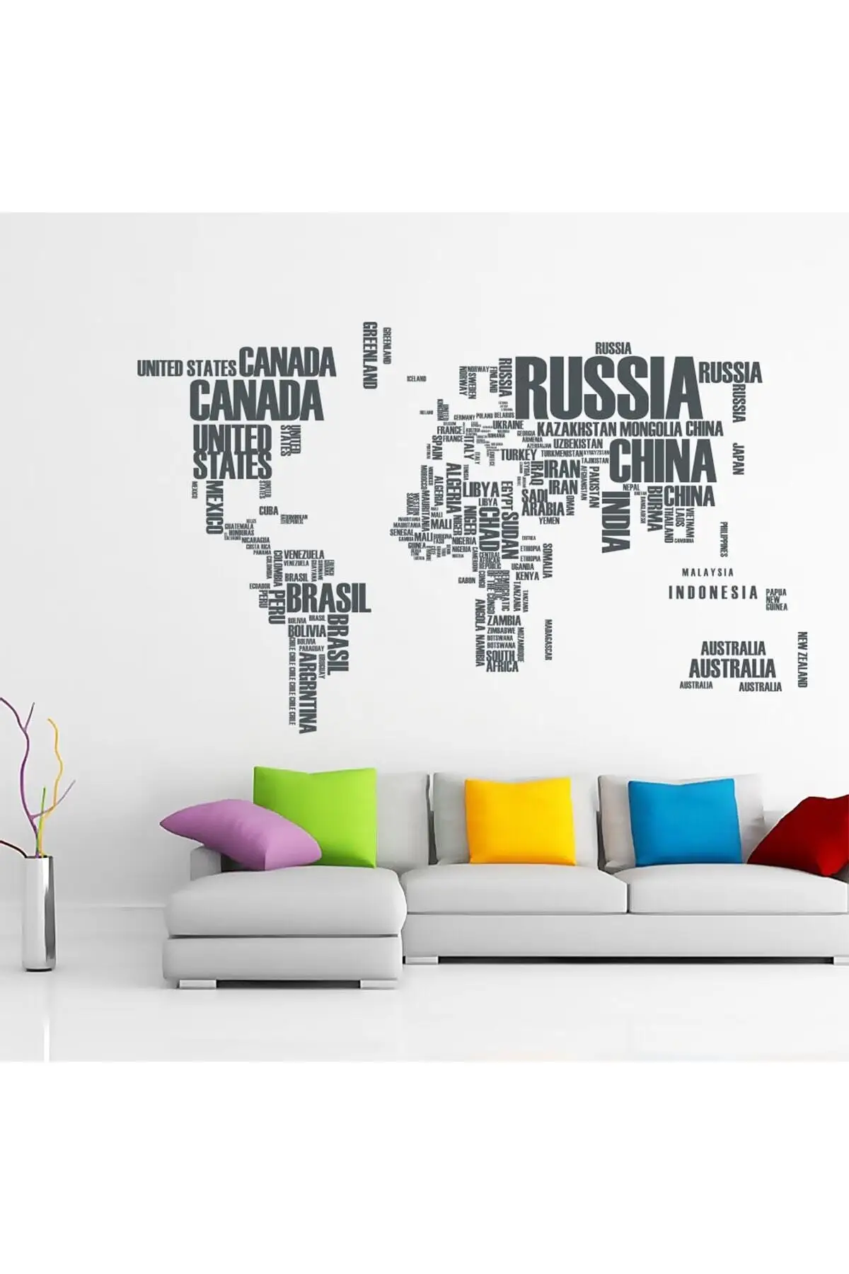 World Map Country Names XL Wall Sticker World Countries Atlas Decorative Wall Sticker