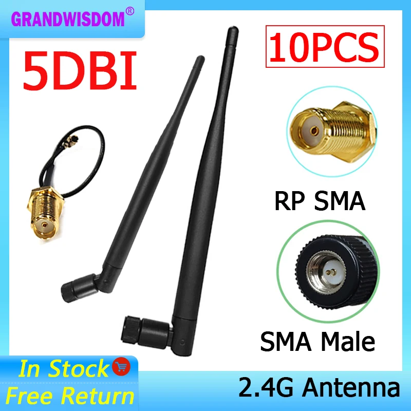 

GRANDWISDOM 10pcs 2.4G antenna 5dbi sma male wlan wifi 2.4ghz antene IPX ipex 1 SMA female pigtail Extension Cable iot antena