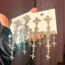 New Palace Style Silver Color Luxury Crystal Cross Dangle Earrings for Women Elegant Tassel Party Jewelry Gifts
