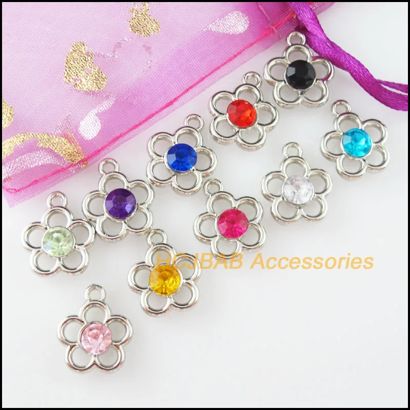 30 New Flower Charms Dull Silver Plated Mixed Crystal Star Pandants 15x17mm