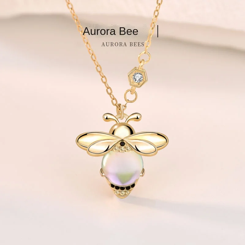 S925 Sterling Silver Inlaid Moonstone Bee Necklace Female Clavicle Chain