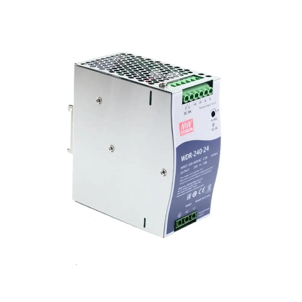 Промышленный источник питания на DIN-рейку Mean Well WDR-240-24 180-550VAC, входное напряжение 24 В, 10 А, 240 Вт, с одним выходом