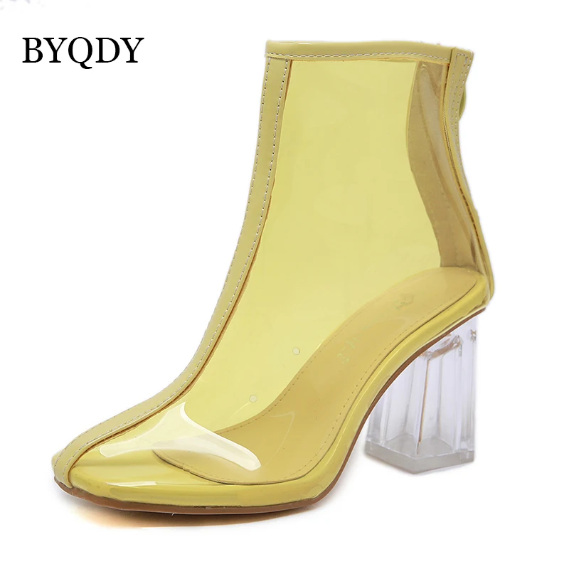 BYQDY 2021 Spring Transparent PVC Boots Closed Round Toe Shoes Clear Square Heels Women Boots with Zipper Ladies Shoes Wholesale