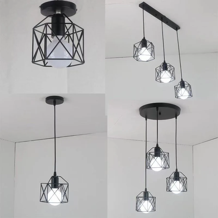 Retro Led Pendant Light E27 Iron Frame Ceiling Chandelier Lighting for Kitchen Over Table Dining Room Living Room Pendant Lamp