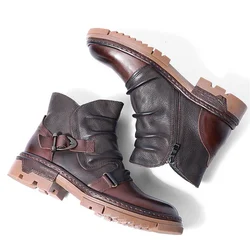 British Style Elegant Winter Boots Men's Trendy Pleated Buckle Belt Business Man Wrinkle Leather Shoes