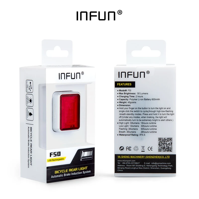 INFUN F50 Bicycle Rear Light For Bike Automatic Brake Induction Taillight MTB Cycling Charge LED Safety Running Lamp Accessories