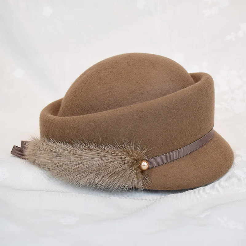 High-end temperament true mink tail dome short eaves basin hat women autumn and winter party hat Beret fashion street photo hat