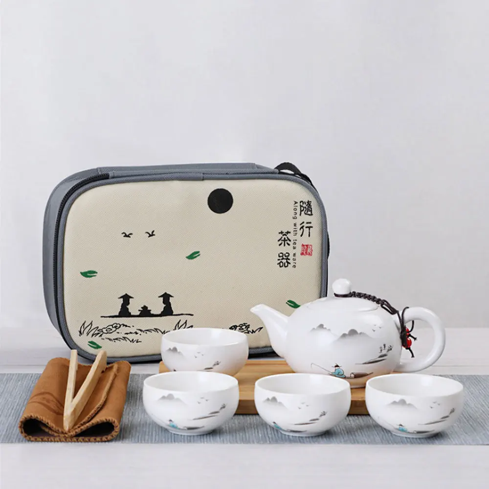 Tea Set Ceramic Material Utensils Ceremony One Pot Four Cup Dry Bubble Tray Outdoor Travel Bag Gift Kung Fu Chinese Teaware