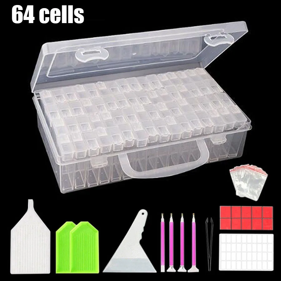 64/56/28 Cells Plastic Storage Box Stickers Sets For Diamond Painting Accessories Tools Bead Tray Plate Case Container Organizer