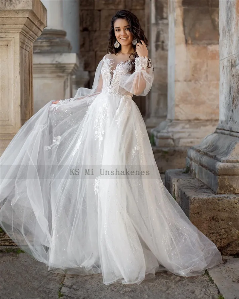 Kasteel Vintage Trouwjurken 2021 Bladerdeeg Lange Mouw Kant Bruid Jurk Kralen Glitter Tulle Parels Boho Bruidsjurken Casamento