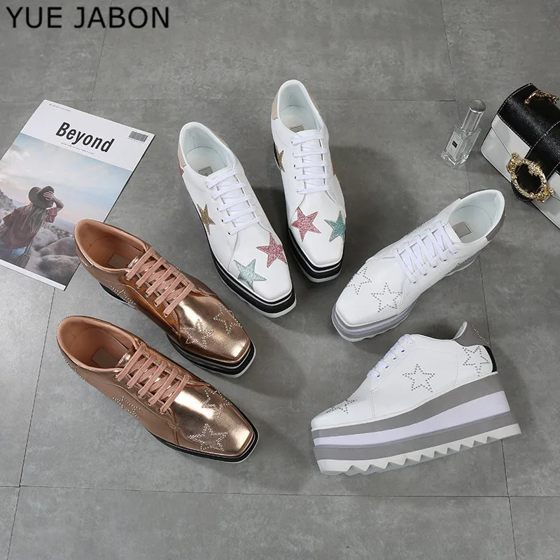 YUE JABON Height Increasing Star Rivet Shoes Classic Platform Rose Gold Shoes Mix Color Square Toe Wedge Shoes Lace Up Lady Shoe