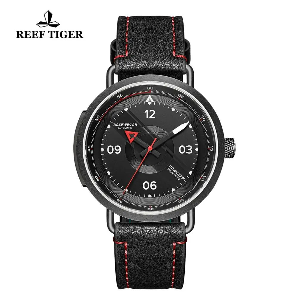 Reef Tiger/RT nuevo reloj mecánico Simple para hombre correa de cuero PVD relojes militares impermeables relojes automáticos