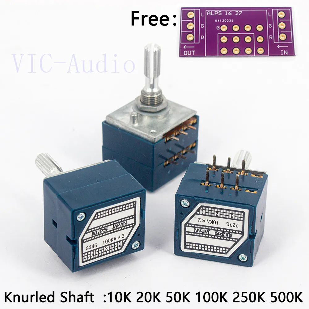 1PC Japan ALPS RK27 Potencjometr głośności LOG Stereo 2-gangowy podwójny potencjometr 10K/20K/50K/100K/250K/500K Wałek radełkowany 6,0 mm