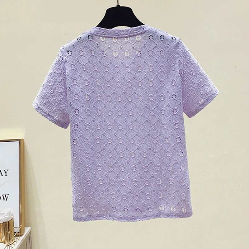 Tees White T Shirt Women Hollow out Lace Ladies Summer Top 2021 Korean Women Clothes Solid color Short Sleeve Shirts Casual