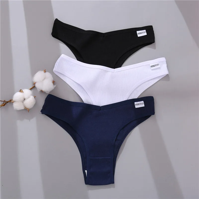 FINETOO Cotton Brazilian Panties Women Sexy V Waist G-String Underwear Female T-back Underpants M-XL Lady Bikini Panty 3Pcs/set