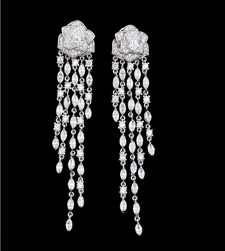 FXLRY High Quality Fashion AAA Cubic Zirconia Tassels Hyperbole Camellia Long Drop Earrings For Women Fine Jewelry