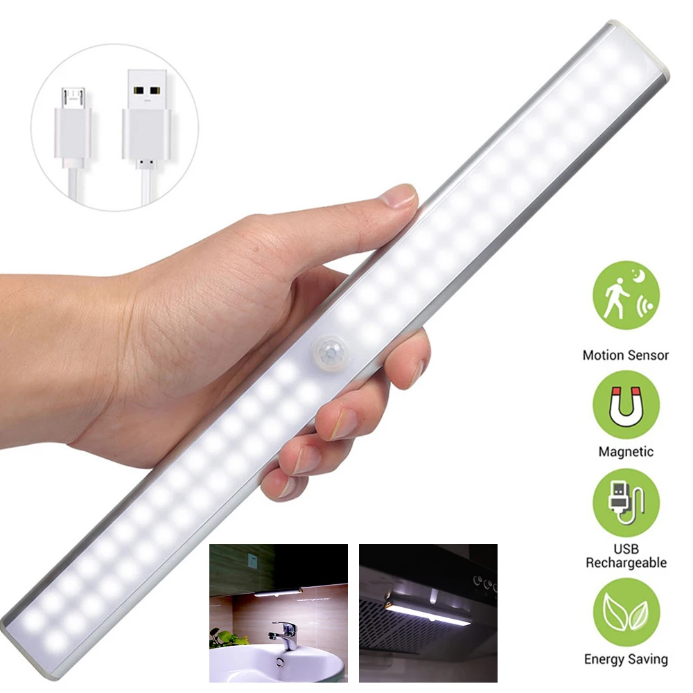 Luz nocturna con Sensor de movimiento para debajo del armario, lámpara de pared con tira magnética, 6, 10, 24, 40, 60 LED