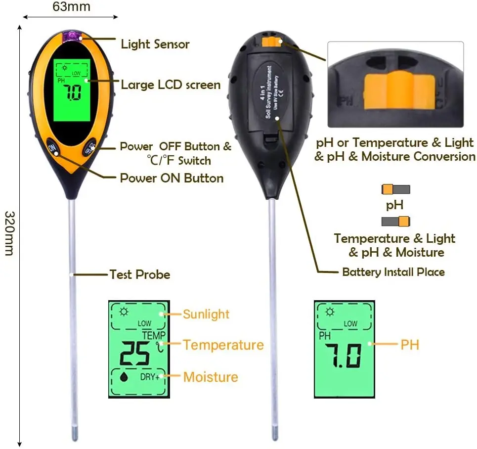 3/4 in 1 Soil pH Tester PH Light Moisture Acidity Tester Soil Tester Moisture Meter Plant Soil Tester Kit for Flowers