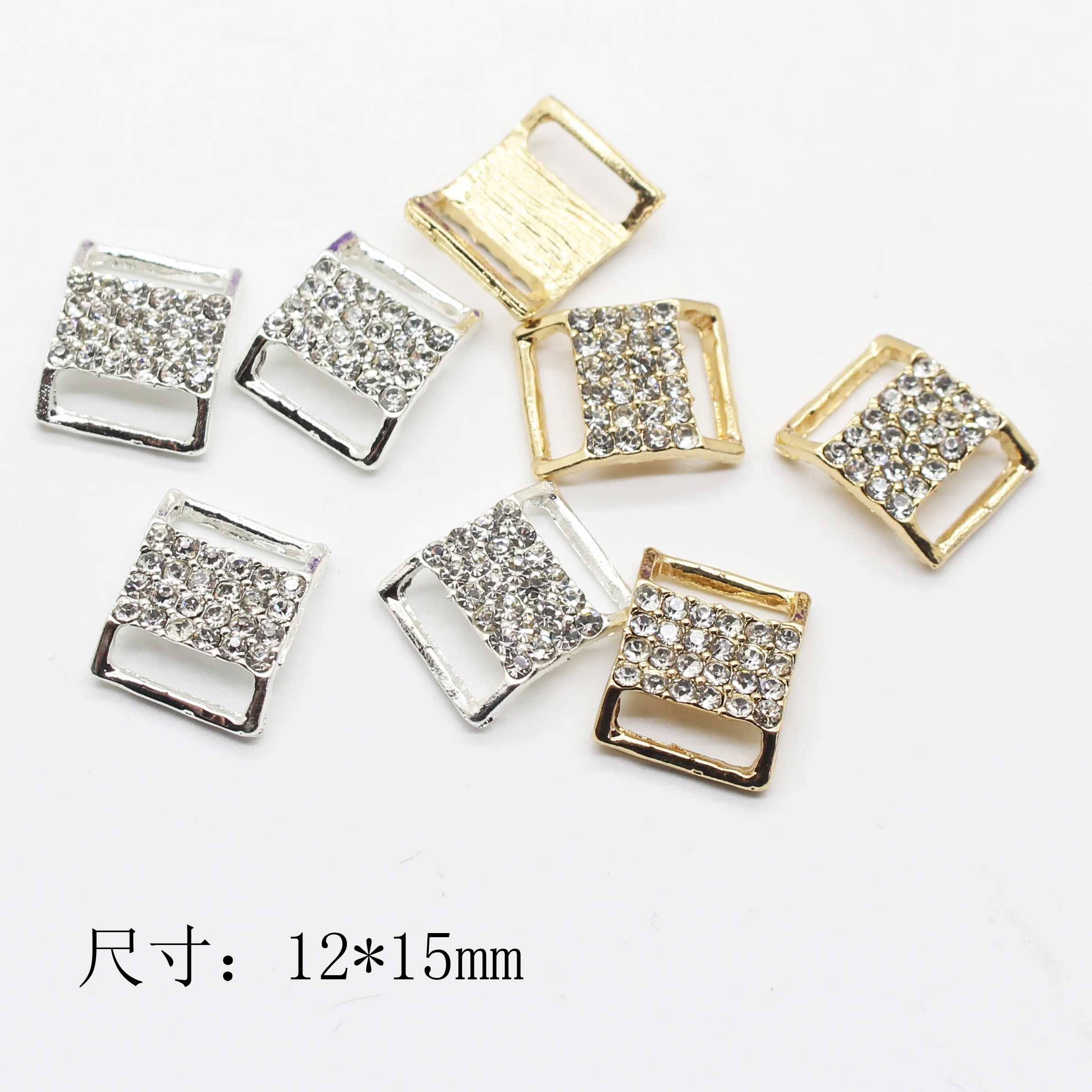 Mini rectangular rhinestone double buckle 10pc 12*15mm metal crystal underwear connector clothing accessories DIY craft supplies