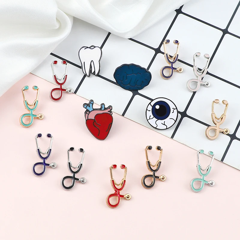 Organ Medical Stethoscope Brooches Pins Heart Tooth Brain Eye Badges For Doctor Nurse Dentist Jewelry Enamel Jackets Collar Pin