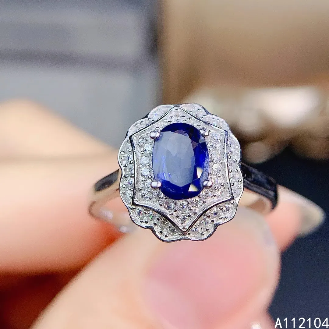 KJJEAXCMY fine jewelry 925 sterling silver inlaid natural sapphire women vintage luxury flower adjustable gem ring support detec