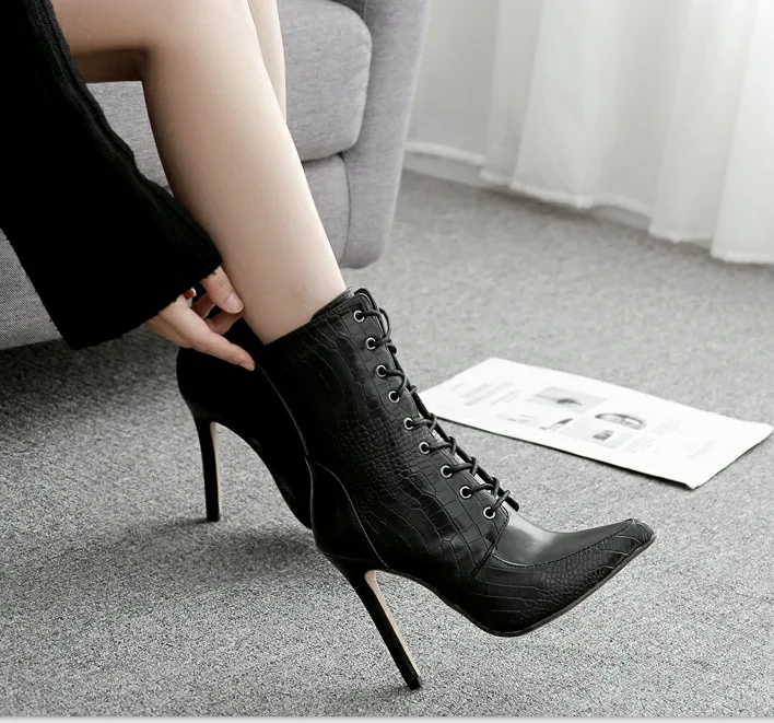 Snakeskin grain Ankle Boots For Women High heels Fashion Pointed toe Ladies Sexy shoes 2021 New Lace-Up Bootswf76