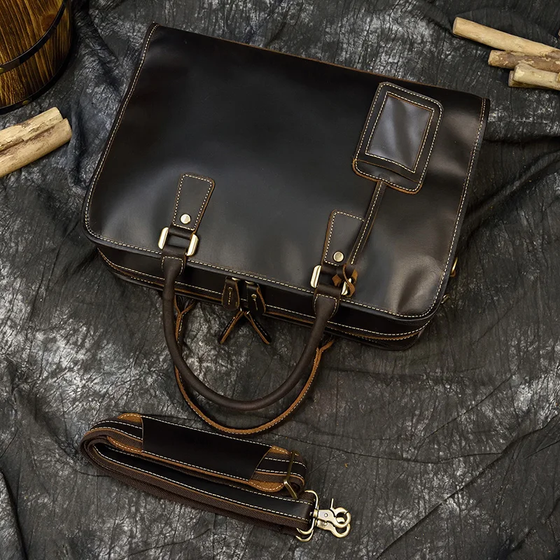 Newsbirds Mens Leather Handbag 15.6 Inch PC Notebook Laptop Briefcase Shoulder Bag 100% Cowhide Man Bag Male Business Bag