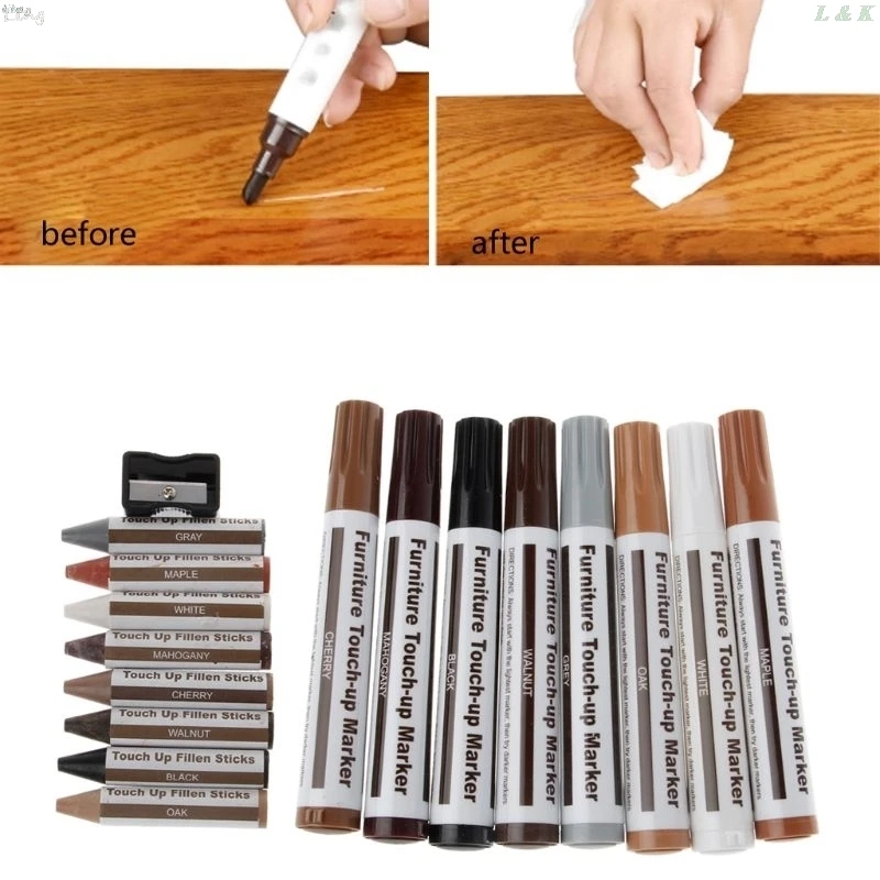 17Pcs Furniture Touch Up Kit Markers & Filler Sticks Wood Scratches Restore Kit l29k