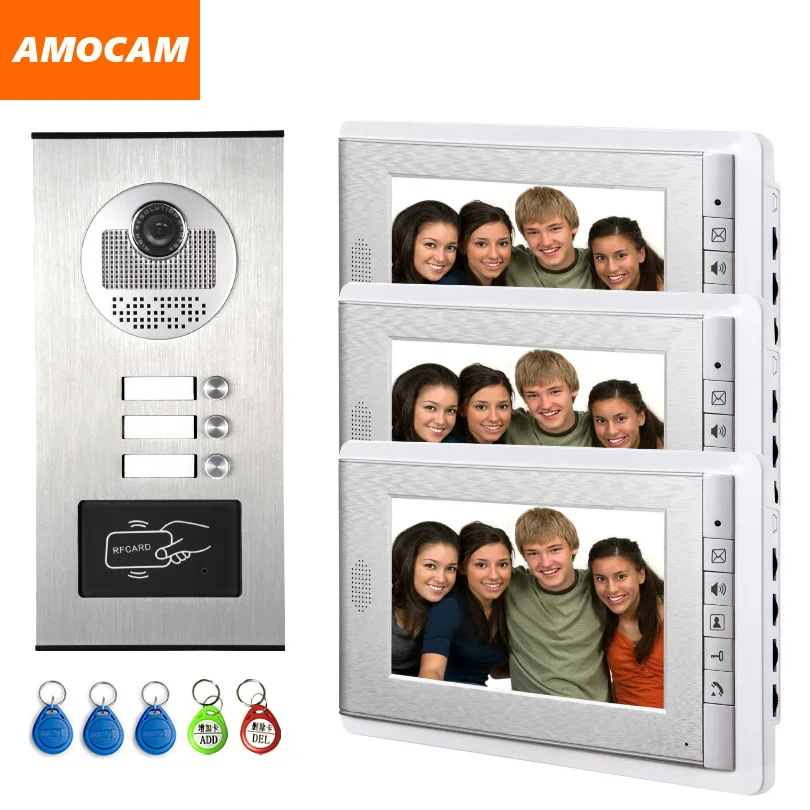 3 Units Apartment intercom system Video Door Phone Door Intercom Aluminum Alloy Camera 7\