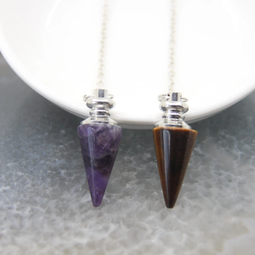 Natural Stone Amethysts Healing Pendulum,for Dowsing Spiritual Divination Cone Crystal Conical Quartz Pendants Necklace Jewelry