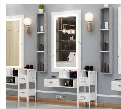 Barber's mirror table hanging wall solid wood cabinet mirror LED lamp marble ironing and dyeing mirror